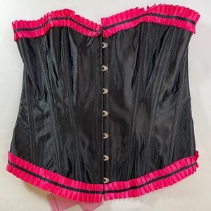 Bustier/G-String L -Black Satin Hot Pink Ruffle Trim Corset Renaissance Fair NWT